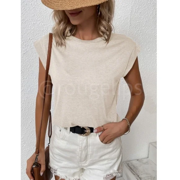 Beige Crew Neck Muscle Tee Top Shirt Cap Sleeve, Round Neck - Picture 4 of 11